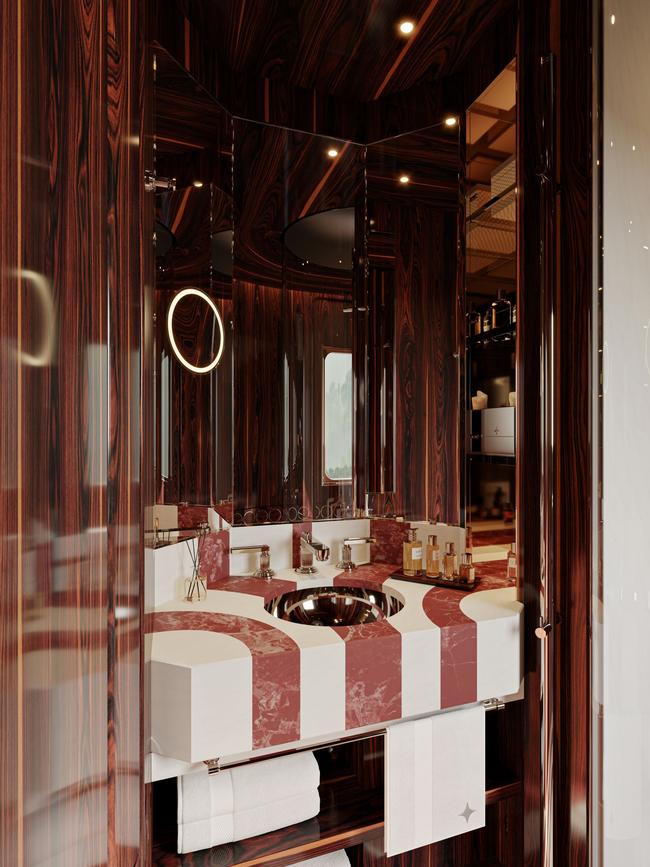 Washrooms feature bold stone vanities and wood panelling. Picture: Maxime d'Angeac/Martin Darzacq