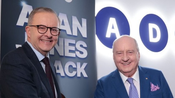 Grace Tame has slammed Anthony Albanese’s decision to do an interview with media personality Alan Jones. The Labor leader tweeted that he had done a prerecord interview with Jones on Monday afternoon. “Good to chat with Alan Jones today in his new Sydney studios,” he wrote, beside a photo of the pair shaking hands. Picture: Twitter,