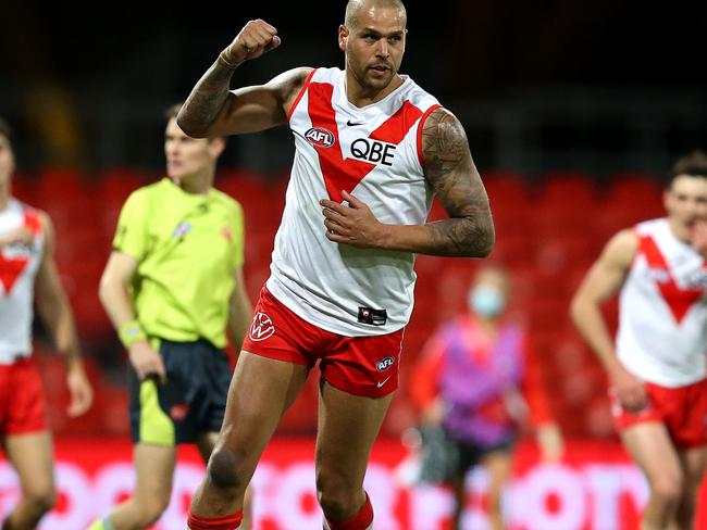 GOLD COAST, AUSTRALIA - JULY 18: Lance Franklin of the Swans celebrates a goal during the round 18 AFL match between Greater Western Sydney Giants and Sydney Swans at Metricon Stadium on July 18, 2021 in Gold Coast, Australia. (Photo by Jono Searle/AFL Photos/via Getty Images)