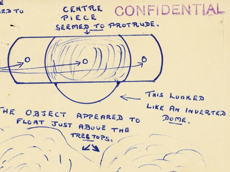 Diagram of a UFO sighting, 1955. (NAA: 705, 114/1/197)This Department of Air record, marked confidential, is a diagram of a UFO sighting from 1955. It details how the ?object came from & returned to the west? and ?appeared to float just above the tree tops?. An ?orange glow? could be seen through the three portholes.