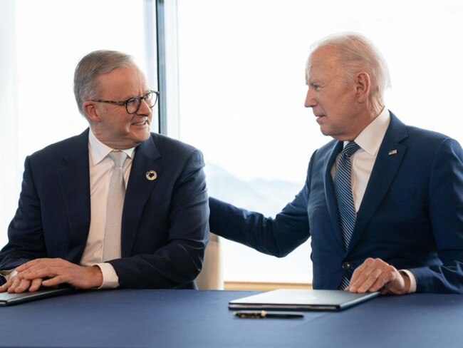 Australian Prime Minister Anthony Albanese twitter pictures from his meeting with American President Joe Biden during the G7 = Our enduring friendship with the United States demonstrates what’s possible when we work together., , Today, , @POTUS,  Biden and I signed a Statement of Intent that will make action on climate a key feature of our partnership. Picture Twitter @AlboMP,