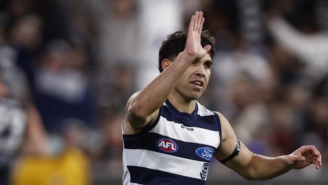 MELBOURNE, AUSTRALIA - JULY 16: Tyson Stengle of the Cats celebrates a goal during the round 18 AFL match between the Carlton Blues and the Geelong Cats at Melbourne Cricket Ground on July 16, 2022 in Melbourne, Australia. (Photo by Darrian Traynor/Getty Images)