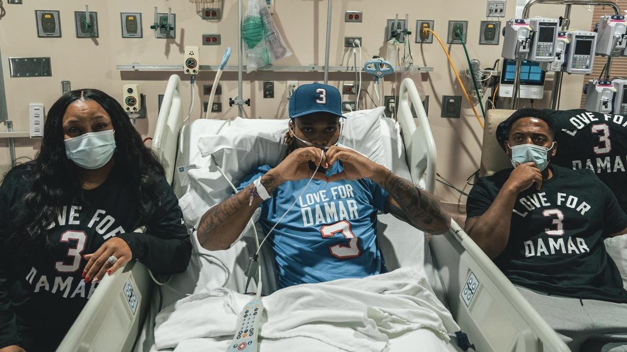 Damar Hamlin posts a photo from his hospital bed a week after his collapse.