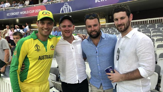 Alex Carey with former Flagstaff Hill teammates Andrew Shearer, brother Adam Carey and Sam Napier celebrating Alex's man-of-the-match Cricket World Cup innings for Australia against New Zealand at Lord's.