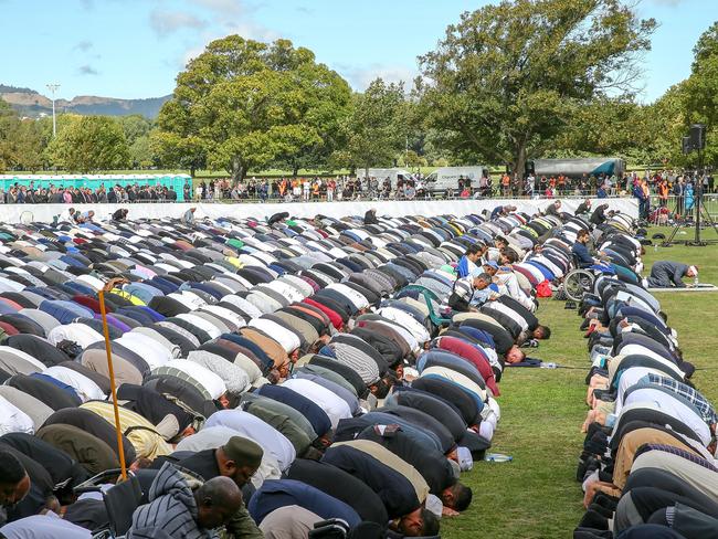 Prayer opposite the Al Noor Mosque in Christchurch, March 22, 2019. France’s Muslim council is suing the companies who streamed the killing of 50 worshippers. Picture: AAP 