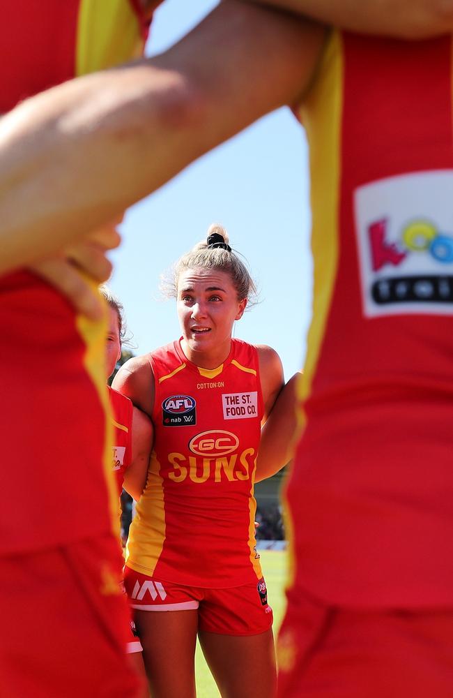 Hannah Dunn of the Suns speaks to the huddle after the teams defeat during the 2021 AFLW Round 04 match between the Fremantle Dockers and the Gold Coast Suns at Fremantle Oval on February 20, 2021 in Fremantle, Australia. Picture: Will Russell