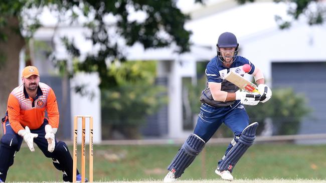 Action pictures of Taper Premier Cricket between Runaway Bay (orange) and Broadbeach at Broadbeach Robina Cricket Club. Reece McDonald. 12 November 2022 Mermaid Waters Picture by Richard Gosling