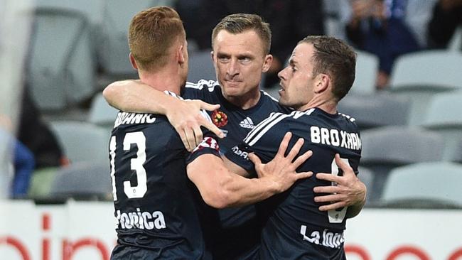Besart Berisha celebrates breaking the A-League goals record.