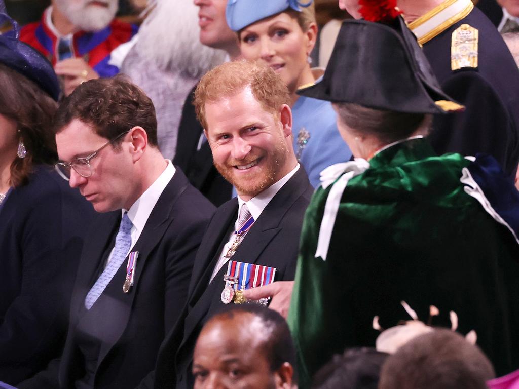 The Duke of Sussex speaks to Princess Anne during the Coronation of King Charles. Picture: Getty Images