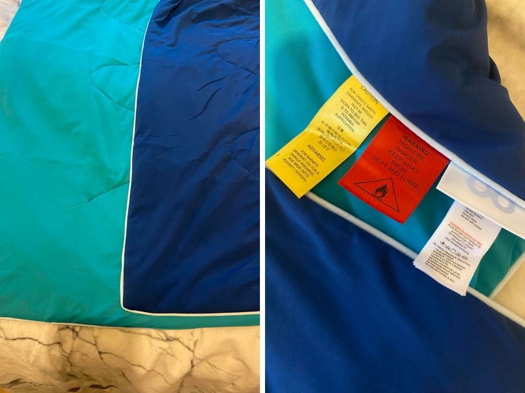 The Sapphire Emerald blanket is double sided, 90% nylon and 10% elastane make it instantly cooling but take care to keep away from heat as it's also flammable.