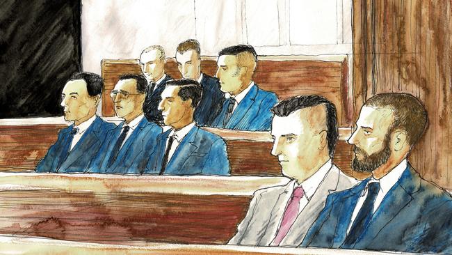 The accused: (back row) Kyle Pryde, Nicholas Sianis, Seywan Moradi, (centre) Mohamed Alzuain, Musa Alzuain, Husain Alzuain, (front), Daniel Jalleh and Ross Montgomery. Picture: Timothy Ide