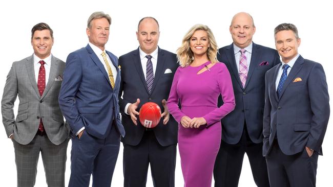 AFL Footy Show cast 2017: Shane Crawford, Sam Newman, Craig Hutchison, Rebecca Maddern, Billy Brownless and Dave Hughes