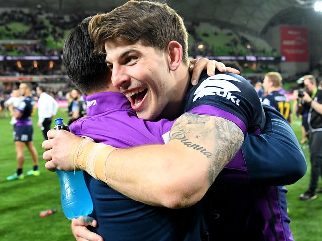 Storm teen sensation Curtis Scott celebrates the win over the Broncos.