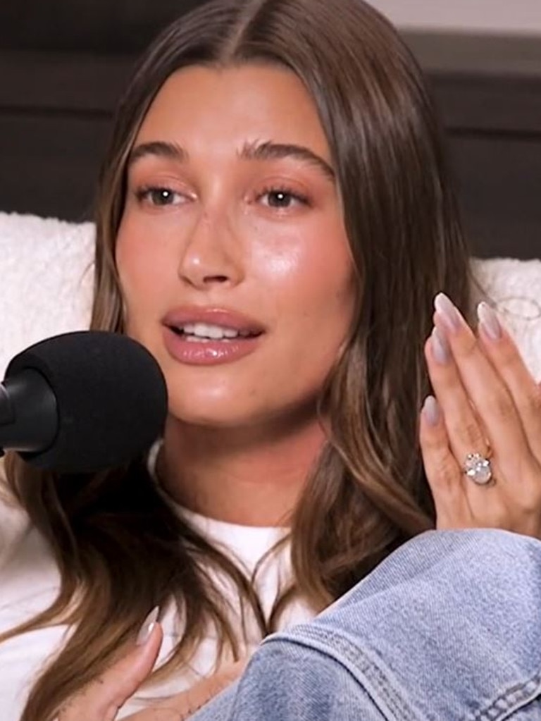 Hailey Bieber opens about the timeline of her relationship with Justin Bieber and addresses online hate and "bullying" on the Call Her Daddy Podcast. Picture: TikTok / @callherdaddy)