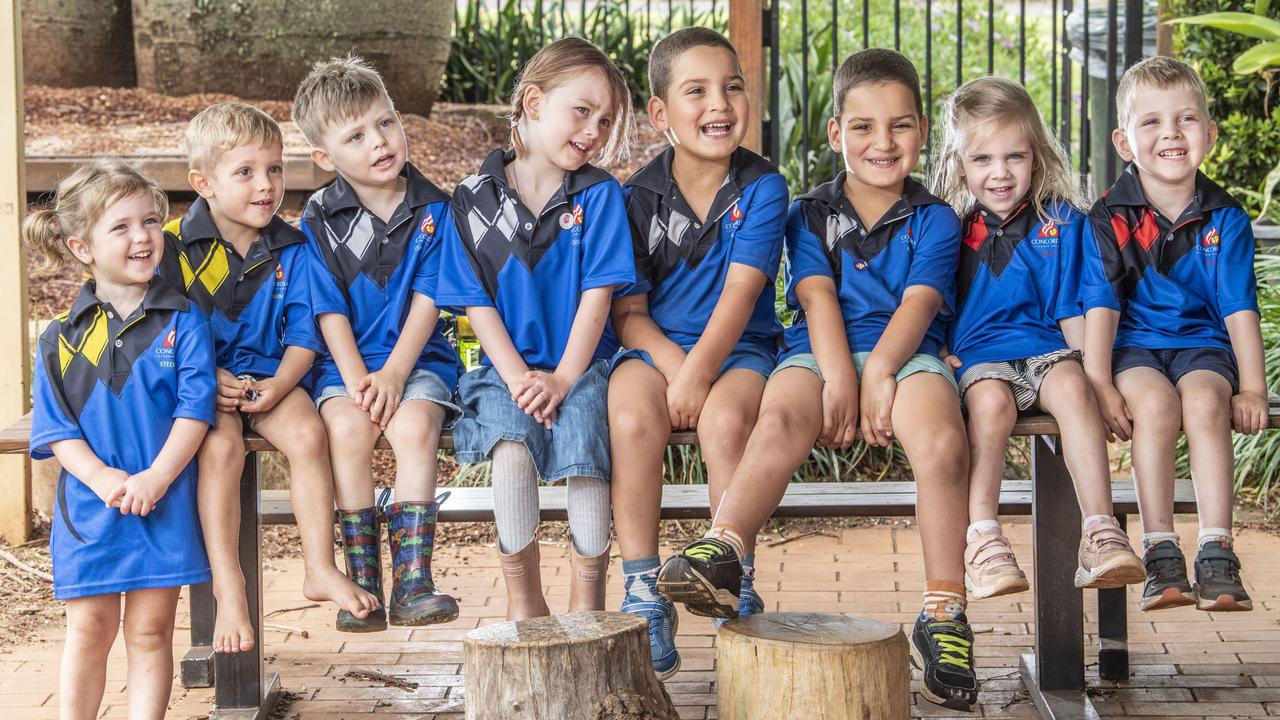 4 sets of twins, (from left) Sophie Hancock, Elliott Hancock, Oliver Quilty, Daisy Quilty, Zakariah El Attar, Mohamed El Attar, Zarlia Harriage, Kylan Harriage. Kindergarten students at Concordia Primary Campus Kindergarten. Picture: Nev Madsen.