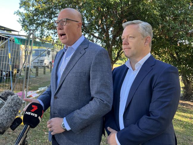 LNP leader Peter Dutton and candidate Cameron Caldwell speaking to media on the Gold Coast on Thursday. Picture: Andrew Potts.