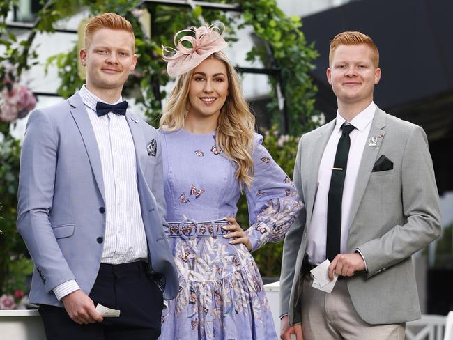 DAILY TELEGRAPH 12TH OCTOBER 2022Pictured at Royal Randwick in Sydney are keen racegoers Curtis Gilleland, Kimberley Ireland and Liam Gilleland ahead of this weekends Everest.Picture: Richard Dobson