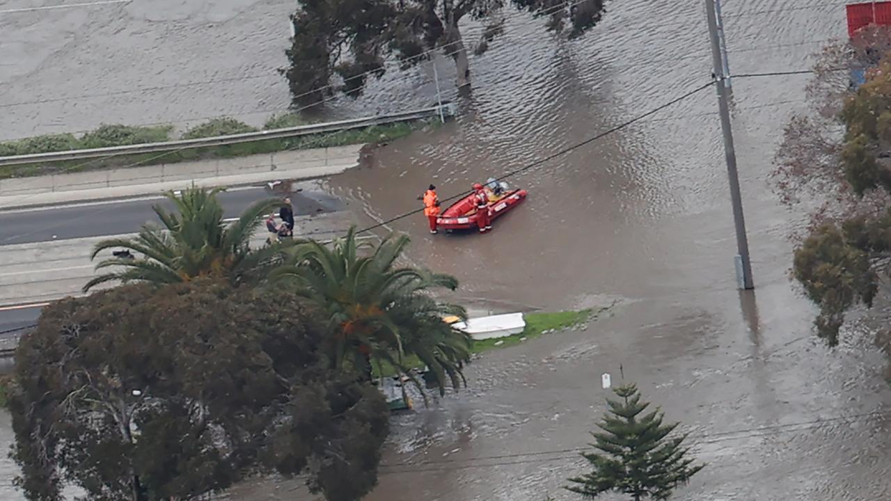 The overflowing Maribyrnong River near Flemington. Picture: David Caird