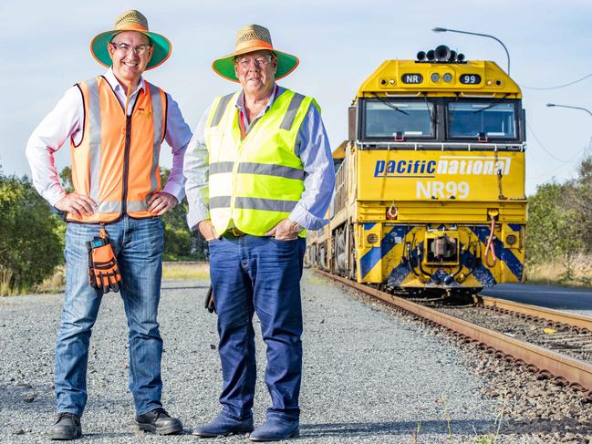 CEO of Pacific National Paul Scurrah and Wagner Corp Chairman John Wagner at the Pacific National Brisbane Rail Freight Terminal in Acacia Ridge, Brisbane, Monday, December 20, 2021  - Picture: Richard Walker