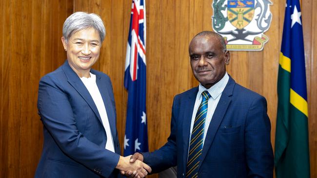 Foreign Minister Penny Wong with the new Prime Minister of the Solomon Islands, Jeremiah Manele, during their talks in the Solomon Islands capital of Honiara in early June. Picture: Australian Department of Foreign Affairs and Trade via AFP