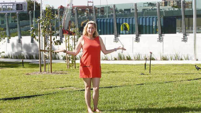 Lyndel Dunn outside the WestConnex interchange at Concord. She says the shrubs and wall were not what was promised. Picture: John Appleyard