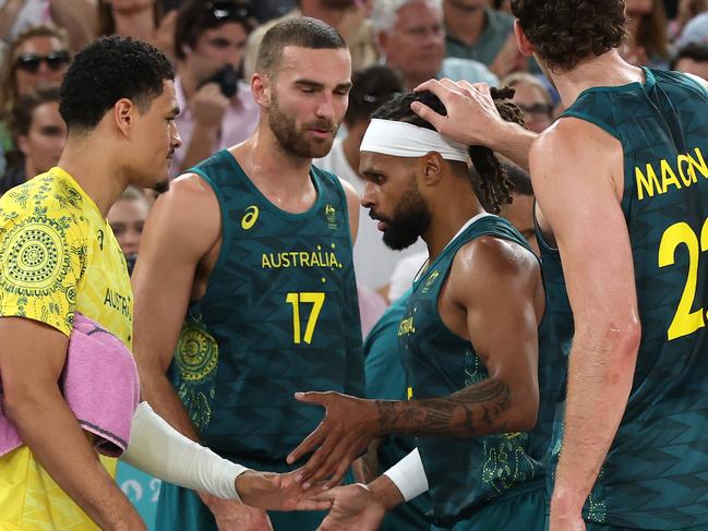 NCA. PARIS FRANCE 2024 OLYMPIC GAMES. August 6- Day 11Patty Mills gets a break during the Mens Basketball Quarterfinal between Australia and Serbia at Bercy Arena.: Adam Head