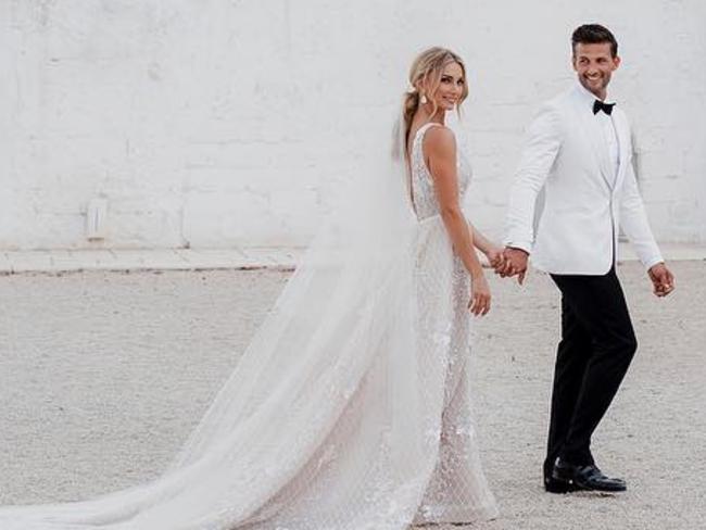 Anna Heinrich and Tim Robards rocked their white wedding outfits. Picture: Instagram