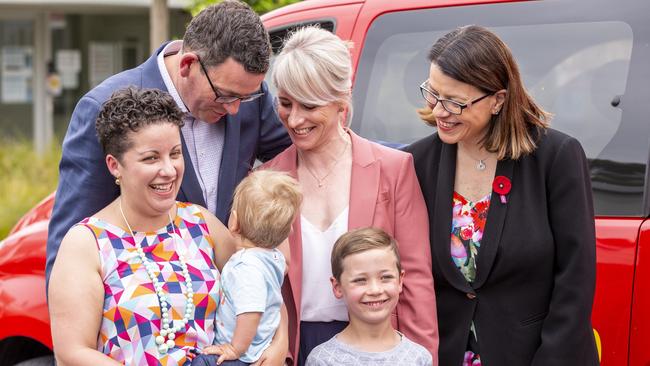 Premier Daniel Andrews and wife Catherine Andrews (centre) meet Laura Mondon (left), seven-year-old Archie and and 11-month-old Harley at Wellington Reserve Community Centre on Monday. Picture: AAP