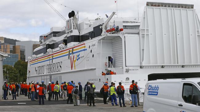 The new Incat ferry dockside in Hobart before performing sea trials on River Derwent. Picture: MATT THOMPSON