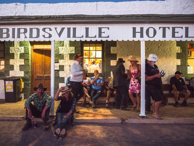 People swarm to the Birdsville Hotel after the races finish.