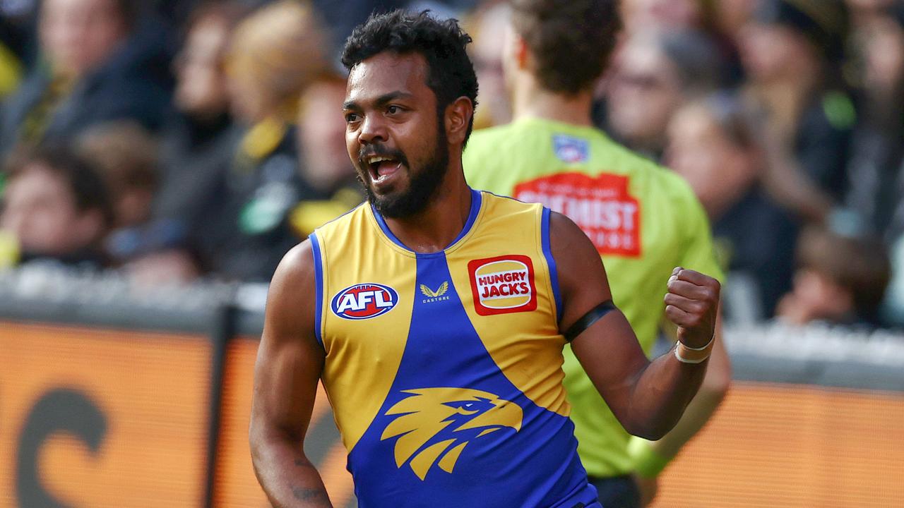 MELBOURNE. 03/07/2022.. AFL Round 16Ã&#137;. Richmond vs West Coast Eagles at the MCG. Willie Rioli of the Eagles enjoys a 1st qtr goal . Photo by Michael Klein