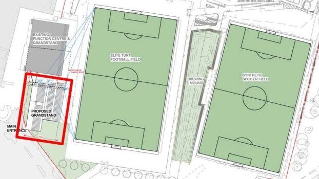 The proposed location of the new grandstand, highlighted in red