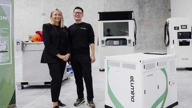 eLumina is opening a $20m EV charger and battery factory at Yatala. eLumina CEO Lisa Marsh and chief operating officer Chris Yang.