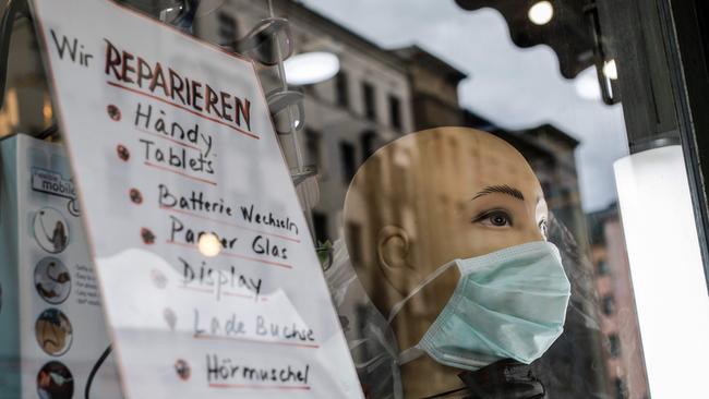 A protective face mask on display for sale in a shop in Berlin's Kreuzberg district. Picture: David Gannon/AFP