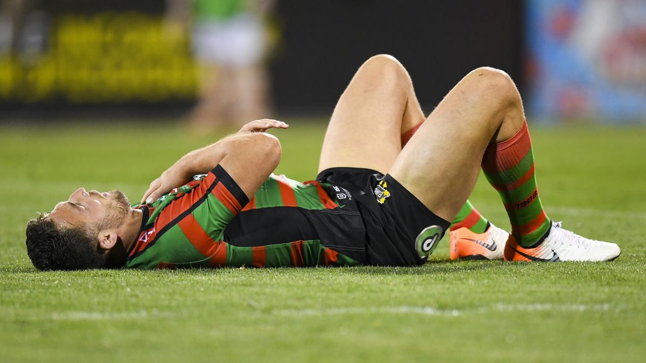 Sam Burgess grabs at his shoulder in the preliminary final against the Raiders in 2019. Picture: AAP Image/Lukas Coch