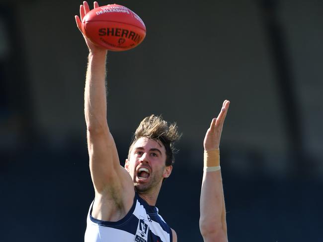 Ryan Abbott and Daniel Gorringe in action during theNorthern Blues v Geelong VFL match in North Carlton, Saturday,July 29, 2017. (Picture:/Andy Brownbill)