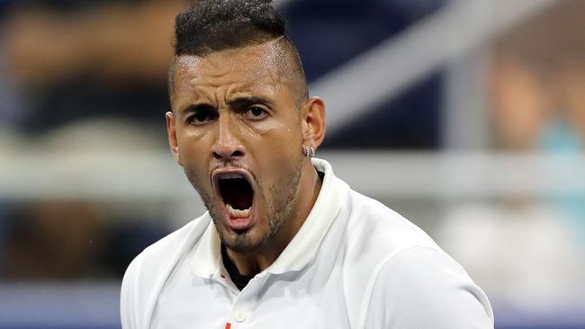 NEW YORK, NEW YORK - AUGUST 29: Nick Kyrgios of Australia celebrates victory during his Men's Singles second round match against Antoine Hoang of France on day four of the 2019 US Open at the USTA Billie Jean King National Tennis Center on August 29, 2019 in Queens borough of New York City.   Elsa/Getty Images/AFP == FOR NEWSPAPERS, INTERNET, TELCOS & TELEVISION USE ONLY ==