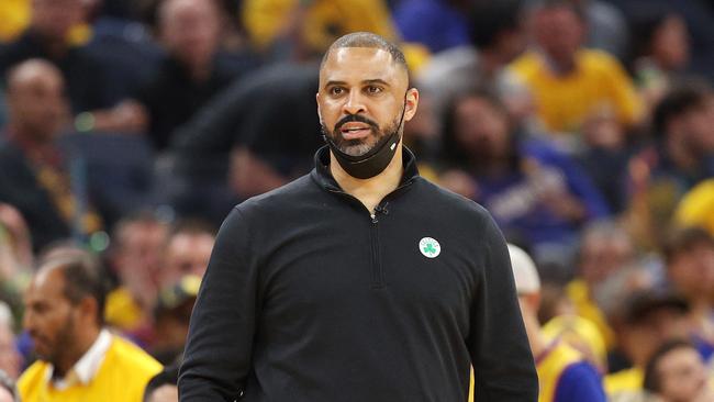 Ime Udoka of the Boston Celtics looks on during the second quarter against the Golden State Warriors in Game One of the 2022 NBA Finals at Chase Center in San Francisco, California.