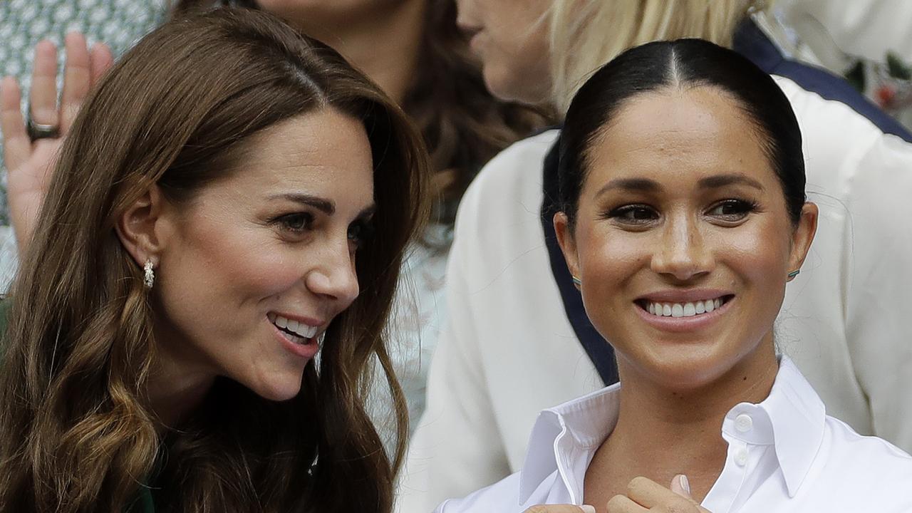 Photos from Wimbledon just four days after the polo match presented a much more united image of Kate Middleton and Meghan Markle. Picture: Ben Curtis/AP