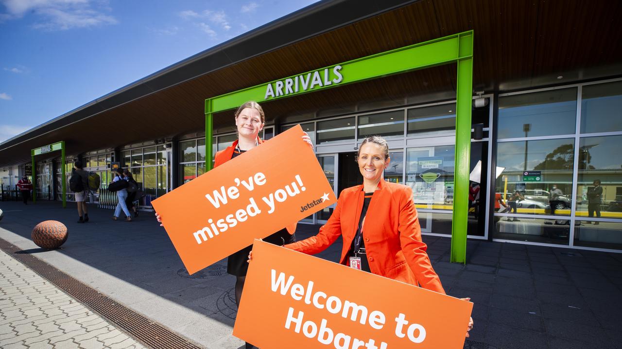 Jetstar supervisors Sarah Davey and Renee King getting ready for the borders to reopen. Picture: Richard Jupe