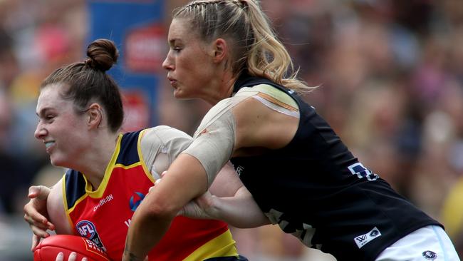 The Blues lost Tayla Harris, and others, for a period during yesterday’s decider. Pic: AAP 