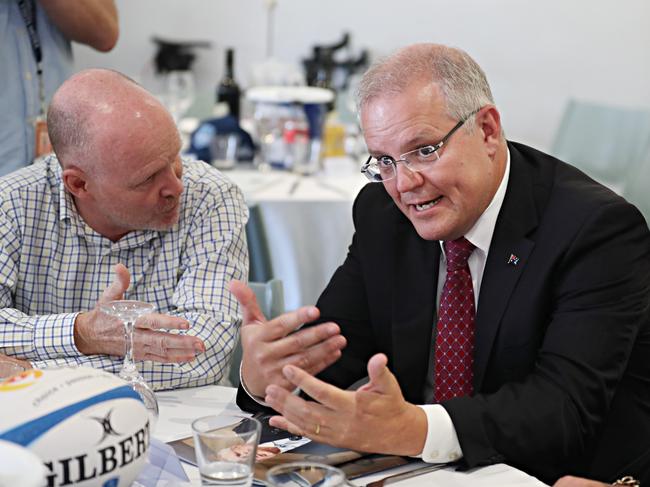 Prime Minister Scott Morrison talks to the LNP faithful at Brothers Rugby Union Club in Brisbane. Picture: Annette Dew