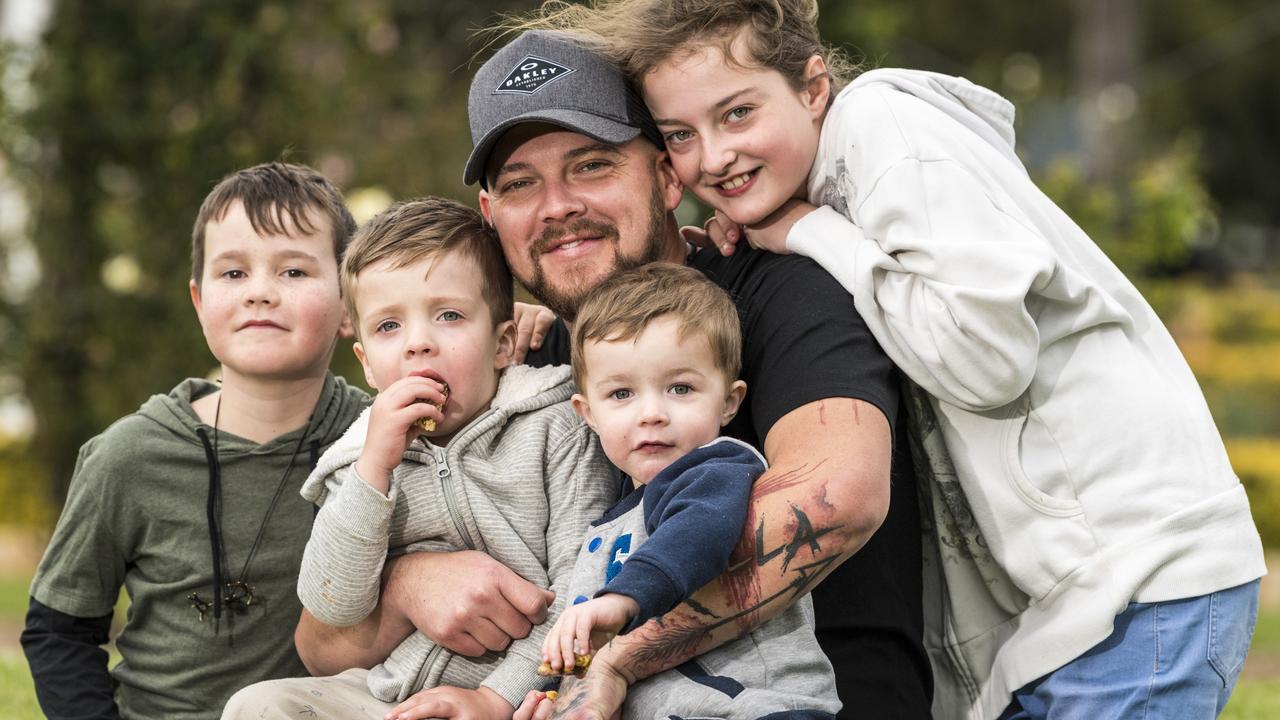 Phil Degraaf with his kids (from left) Mason Ashenden, Archer Degraaf, William Degraaf and Mia Degraaf at the Man with a Pram event on Father's Day, Sunday, September 5, 2021. Picture: Kevin Farmer