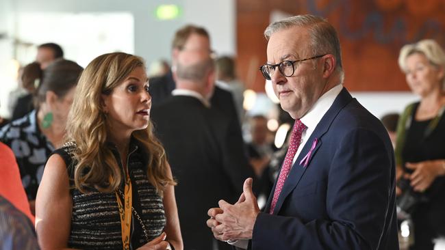 Australia's eSafety Commissioner, Julie Inman Grant, talks to Anthony Albanese. Picture: NCA NewsWire / Martin Ollman