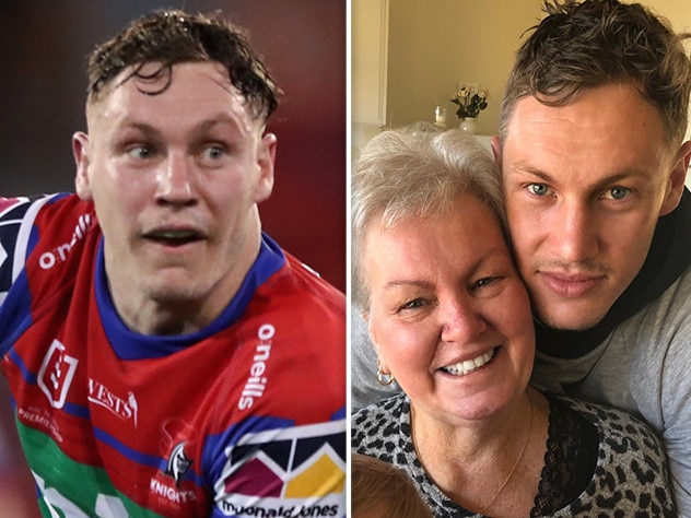 Newcastle Knights player Kurt Mann with his mother Jane, who has lost her battle with cancer, and son Huxley.