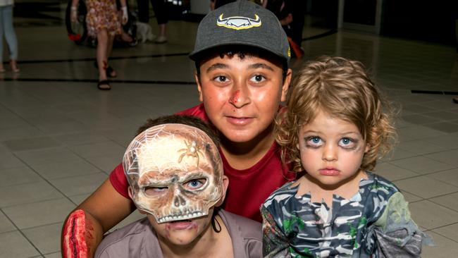 Zion Green from Rural View, Taij Lauder and Zylee Lauder from Blacks Beach at Mackay Charity Zombie Walk. Saturday, October 30, 2021. Picture: Michaela Harlow