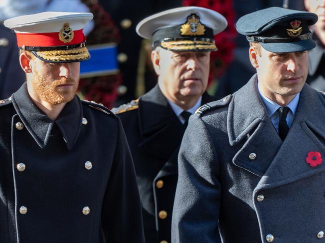 Prince William, Prince Harry, and Prince Andrew, Duke of York in 2018 in London, England. Picture: Mark Cuthbert/UK Press via Getty Images