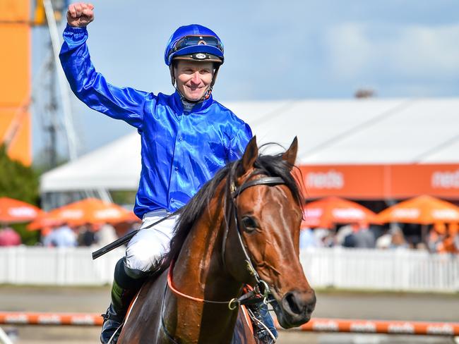 James McDonald returns to the mounting yard on Anamoe after winning the Neds Might And Power at Caulfield Racecourse on October 08, 2022 in Caulfield, Australia. (Photo by Reg Ryan/Racing Photos via Getty Images)