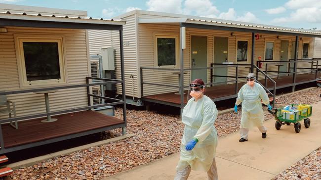 AUSMAT staff conduct a Swabbing run at a PPE drill at the NCCTRCA/AUSMAT sections of the Howard Springs quarantine facility. Picture: GLENN CAMPBELL via NCA NewsWire