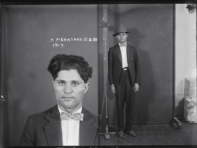 Filippo Pignataro was said to run Sydney’s Mafia-style organisation, the Camorra, with Giuseppe Mammone and Domenico Belle. In 1930, Belle was murdered on the stairs of Newtown Railway Station. Pignataro and Mammone were arrested on suspicion of being involved in the hit. Photographed 15 February 1930.